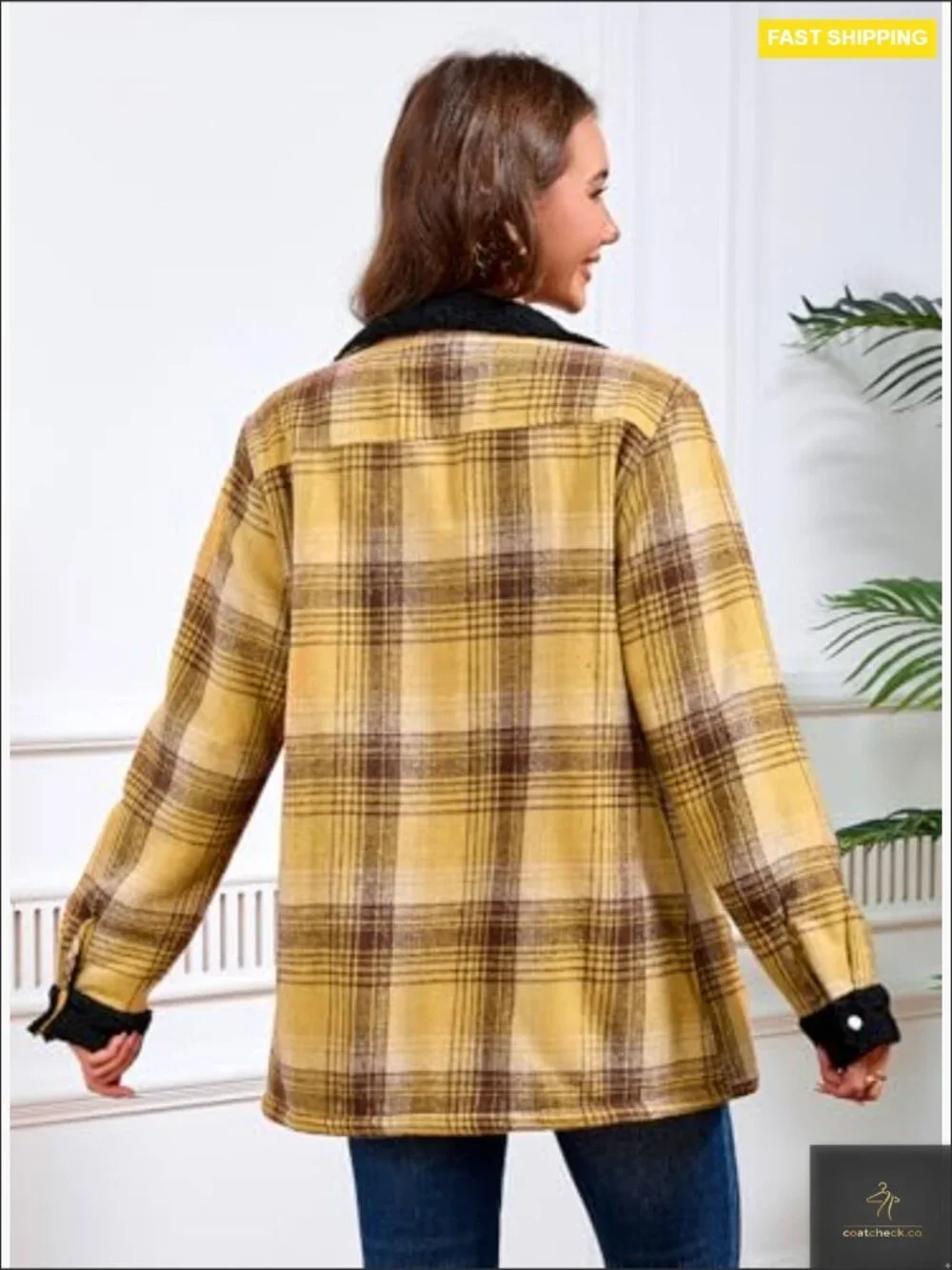 Sherpa Lined Fleece Jacket Plaid Flannel Loose Fit Boyfriend Style Zip Up